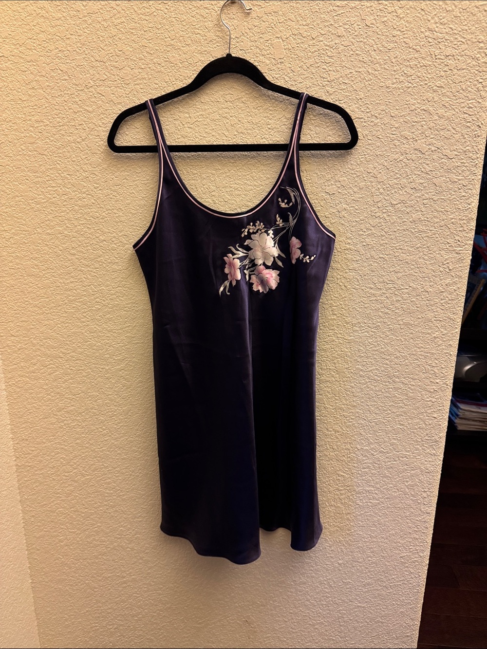 Oscar de la Renta Sleepwear Navy Satin Camisole Slip with Pink Floral Embroidery